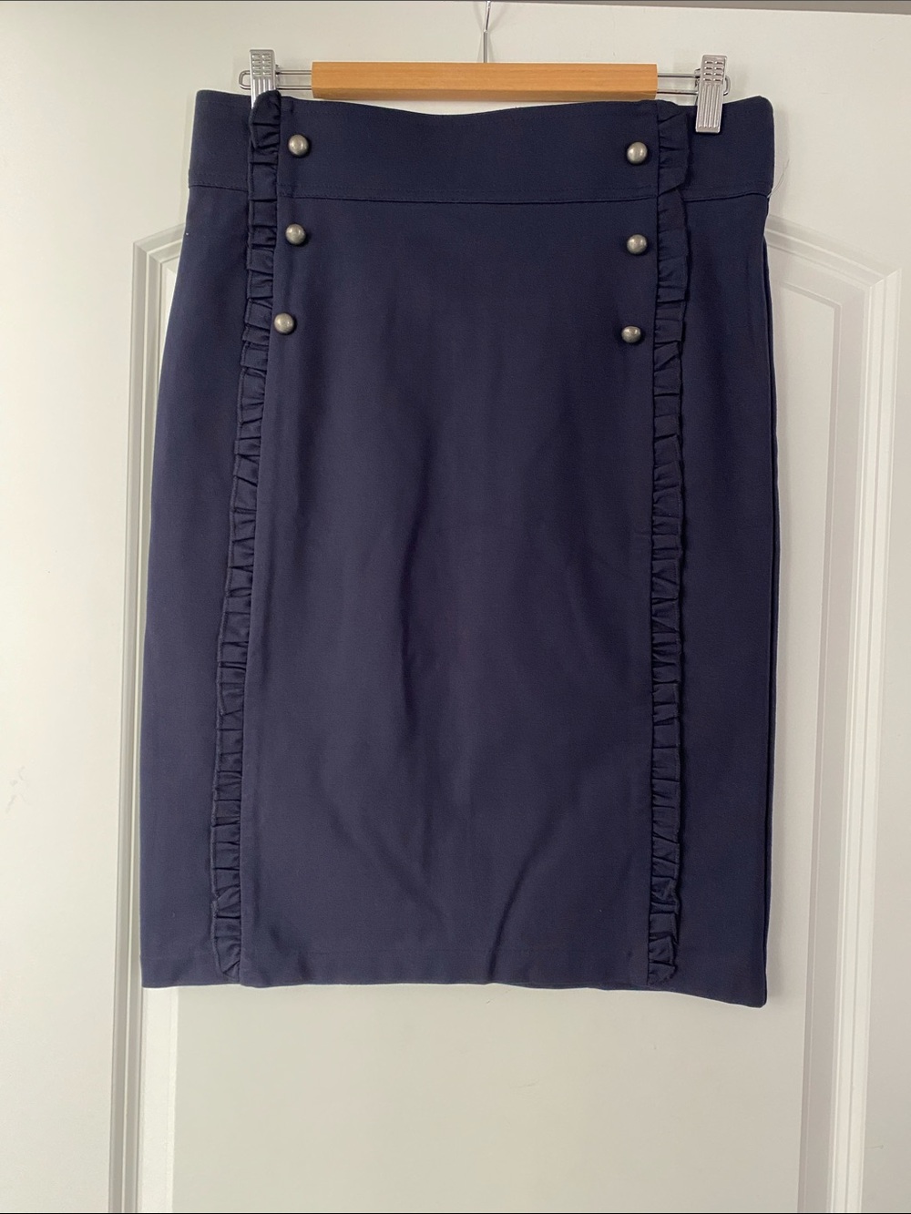 Navy Ruffle-Trim Pencil Skirt with Button Detail